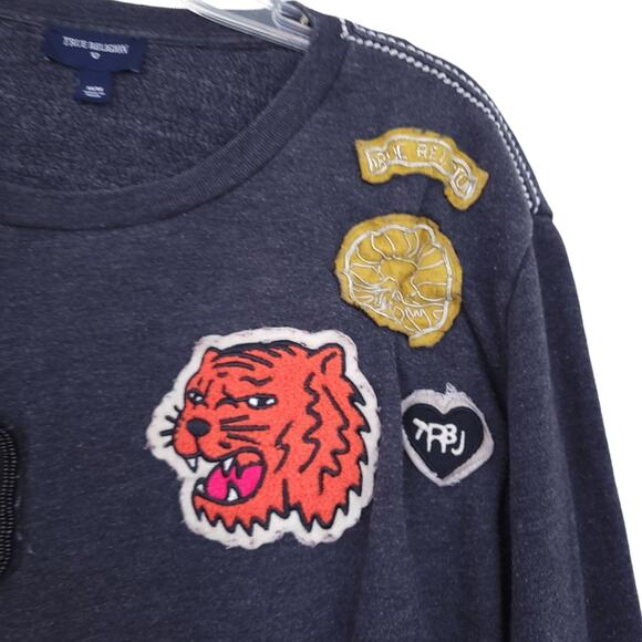 True Religion Sweatshirt Medium Gray Beaded Tiger Patch Women Streetwear Top - Picture 2 of 6